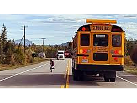 Stop at least 20 metres from the front of the bus and wait until the lights stop flashing — Alberta school-buses road sign for Class 7 test