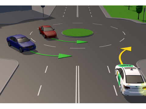 Must yield to vehicles already in the roundabout — Alberta right-of-way road sign for Class 7 test
