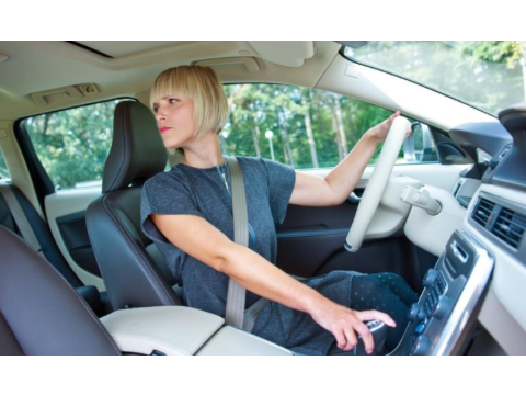 Place left hand on top of steering wheel and look over right shoulder through the rear window — Alberta other road sign for Class 7 test
